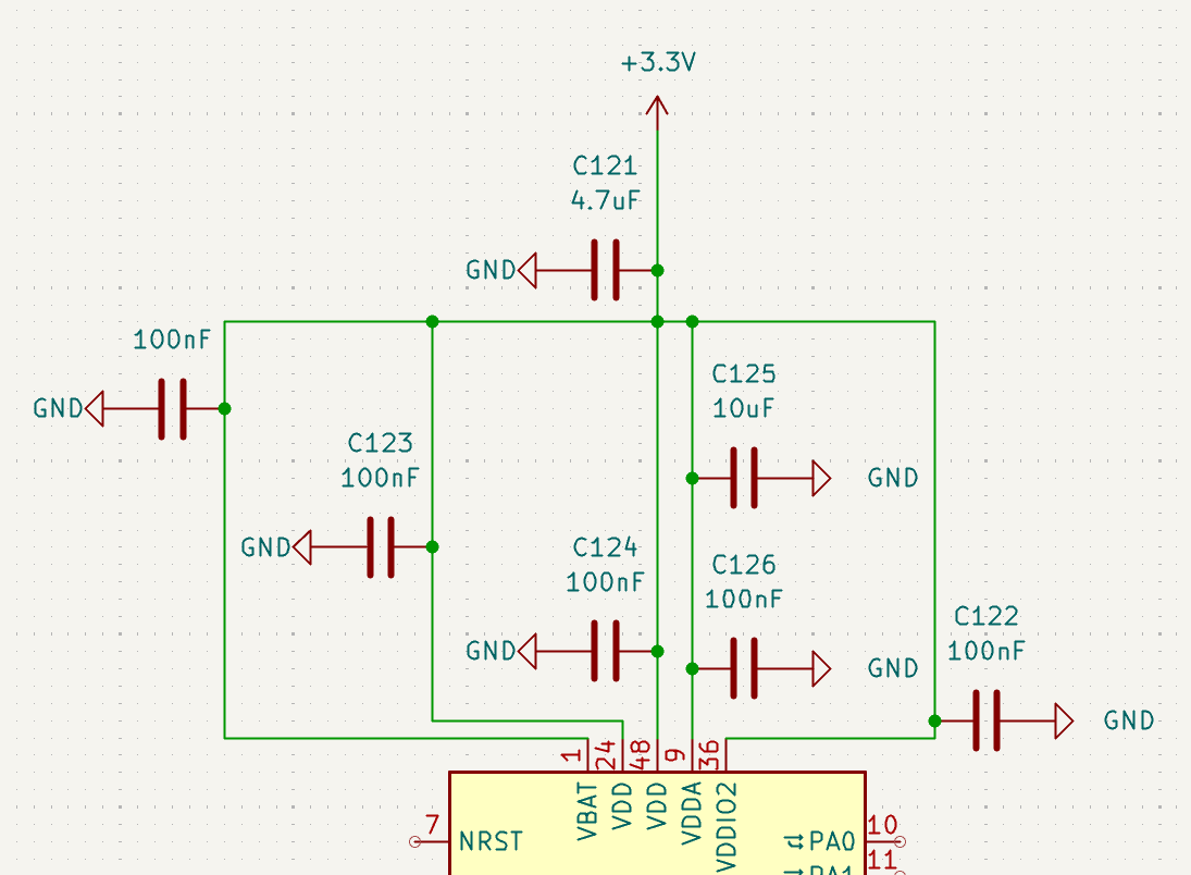 Decoupling capacitors hooked up directly to the MCU