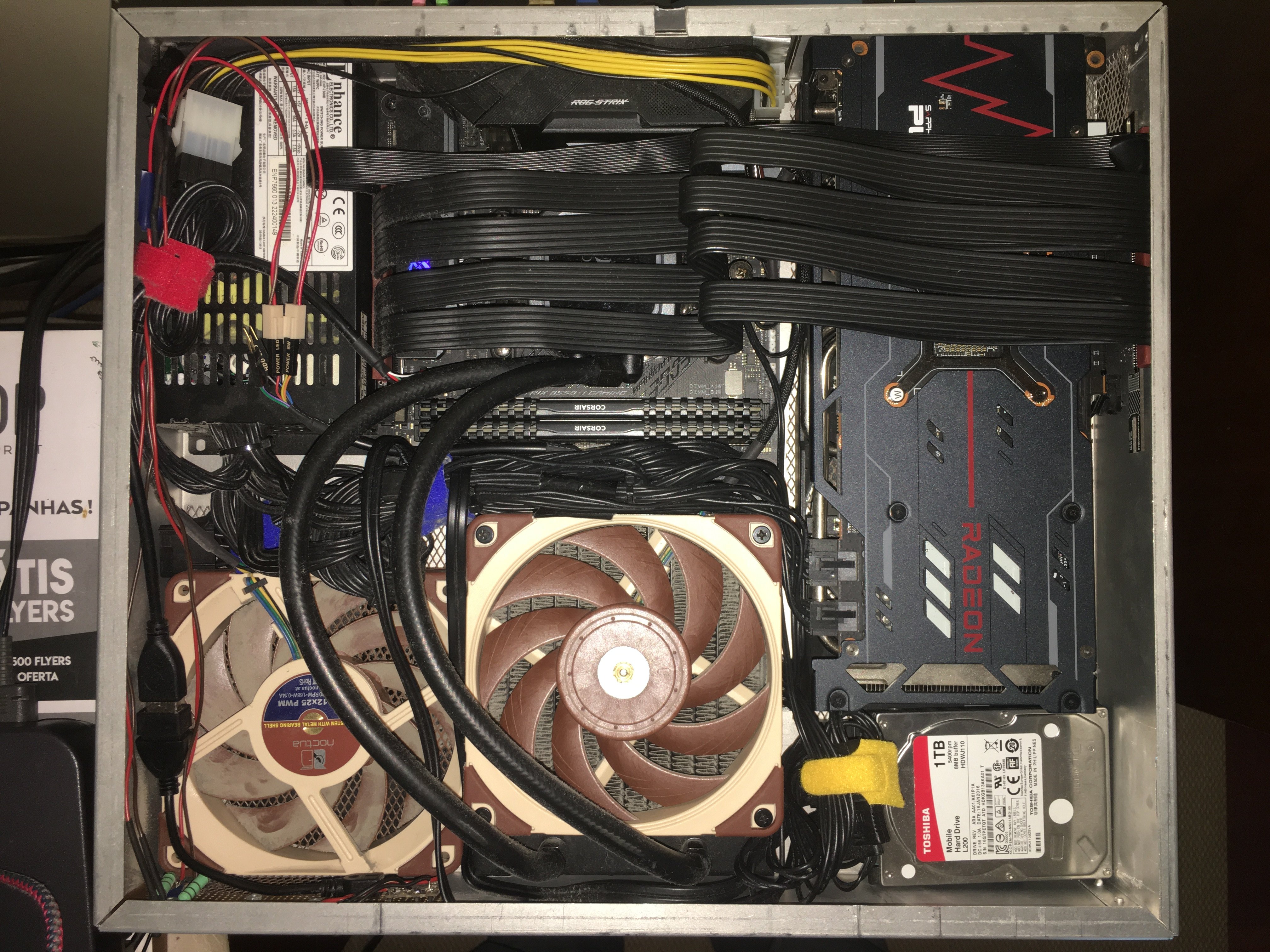 The inside of the PC, all cable managed and dusty