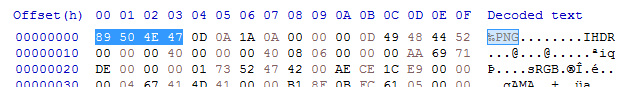 Demonstration of the header of a PNG file in a hex editor